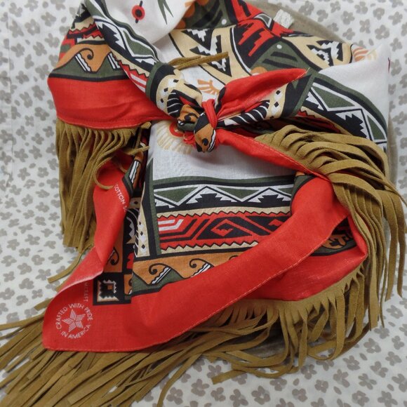 Wamcraft Vintage Neck Kerchief Native American Print Leather Fringed Scarf EUC - Picture 4 of 6